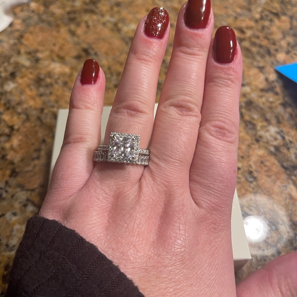 Dainty halo princess cut wedding set in sterling silver, 3 carat ring, 4 prong